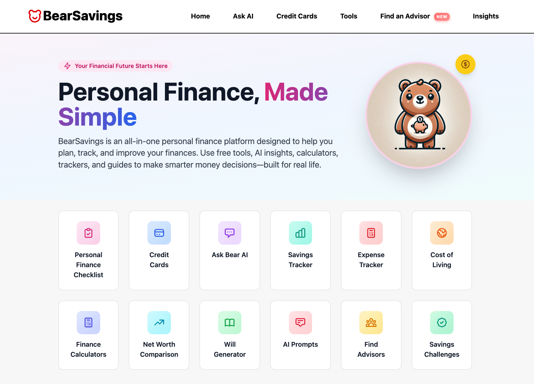 BearSavings personal finance platform featuring tools, calculators, and financial insights